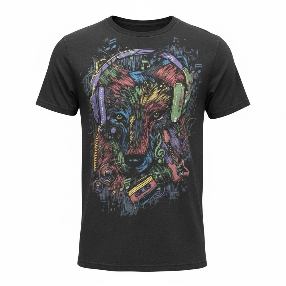 Liquid Blue Wolf Music Headphones T Shirt Med Black Colorful Art Graphic Cotton